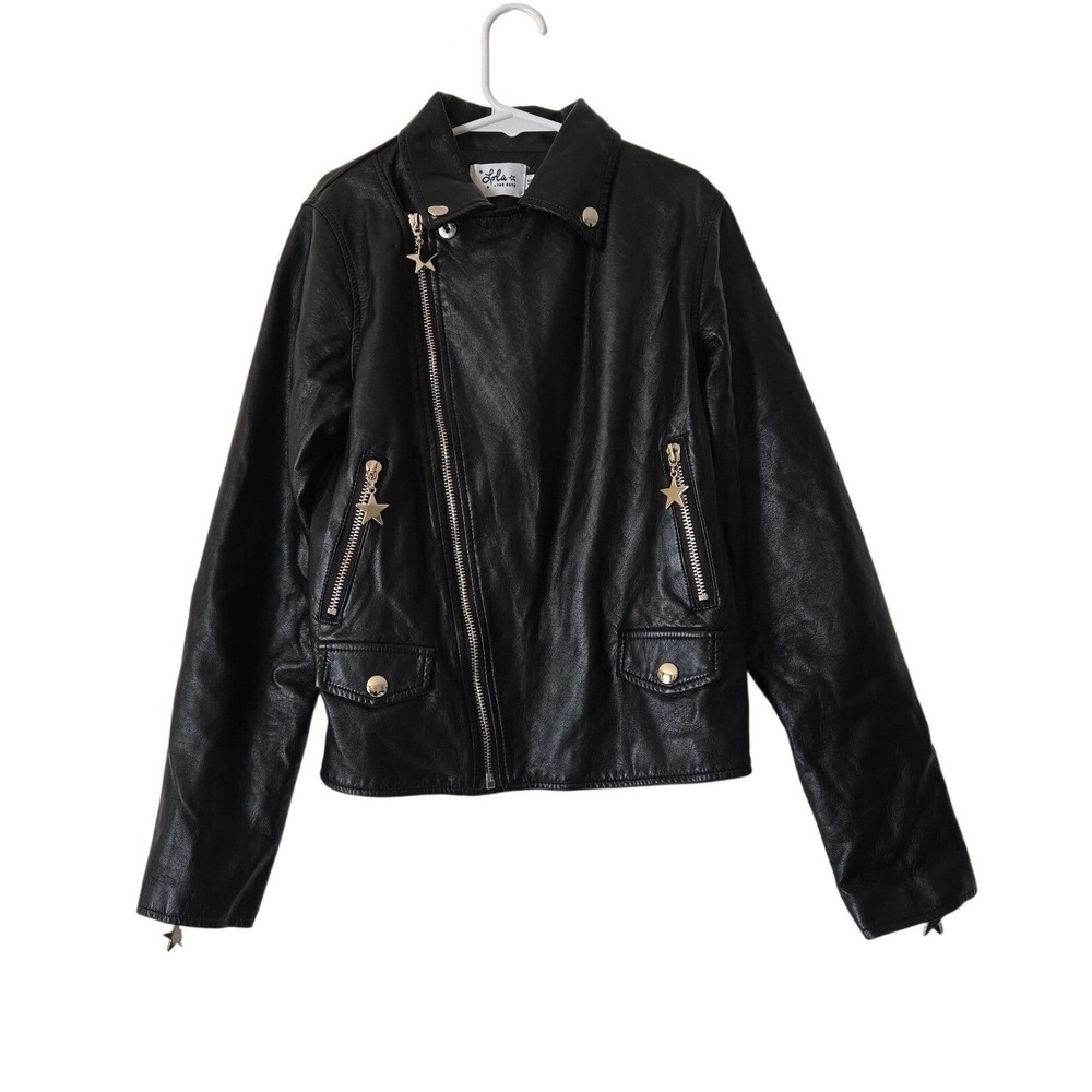 Lola + The Boys Girls Black Faux Leather Rainbow Moto Jacket Size 14 Biker